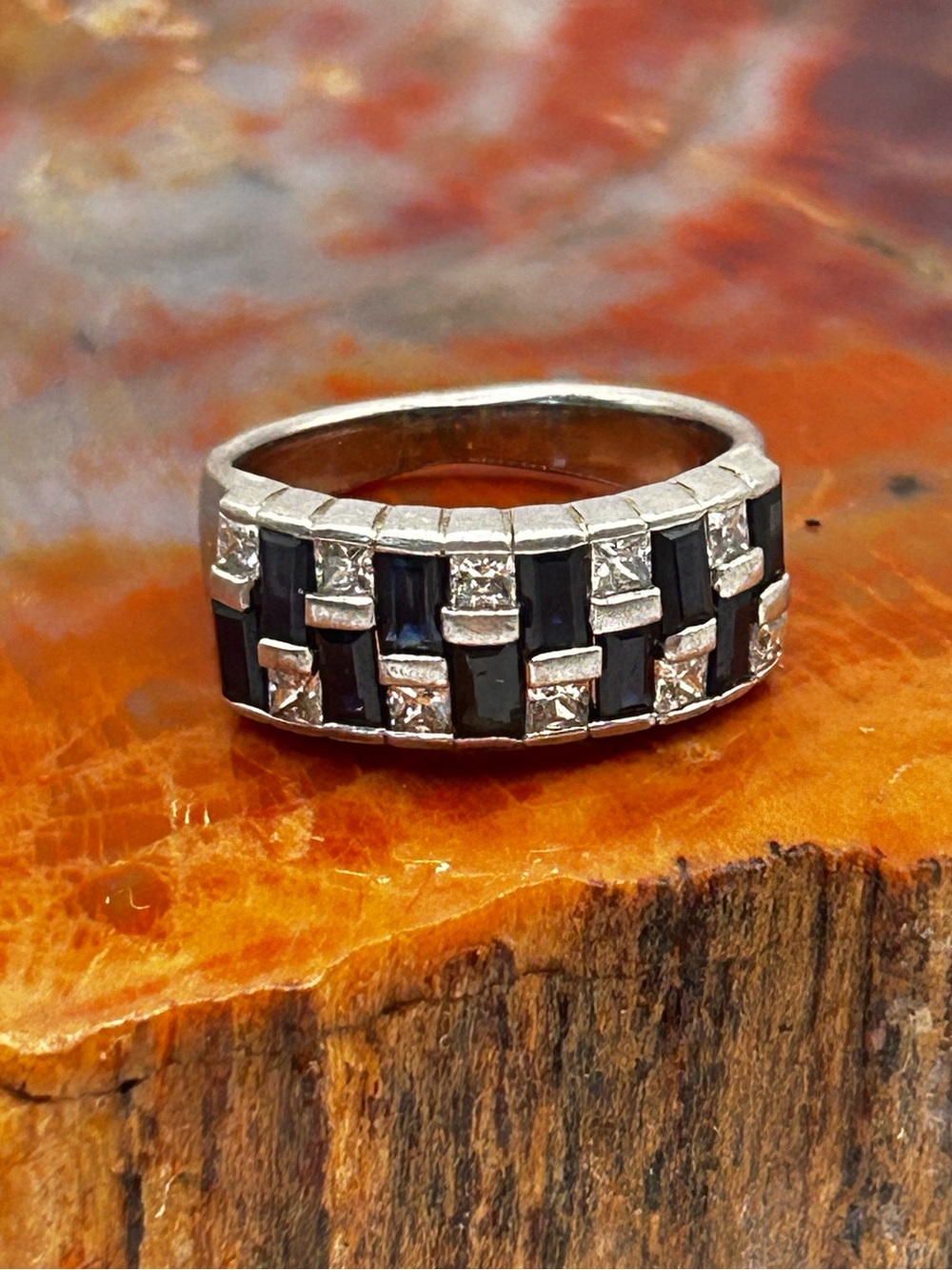 Sterling Silver Checkered Ring with cubic zirconia and synthetic sapphire - Size